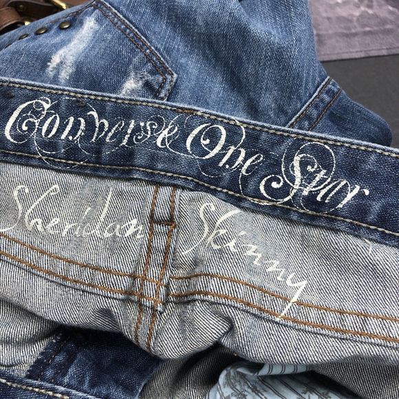 Converse One Star Women's Denim Jeans 32 Sheridan Skinny Distressed Destroyed - Picture 12 of 16